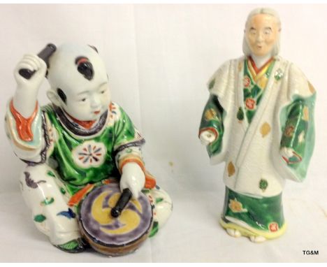 2 x C19th Japanese porcelain figures.  Boy with drum 19cm high, and standing figure 22cm high