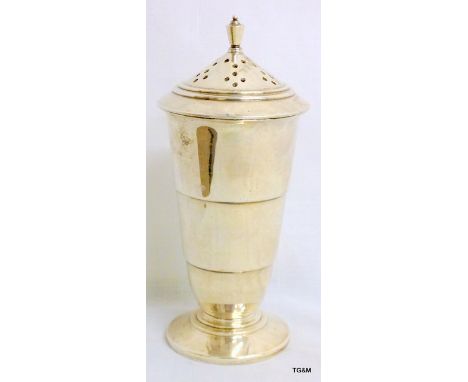 Art Deco silver sugar castor of banded design.  17.5cm high.