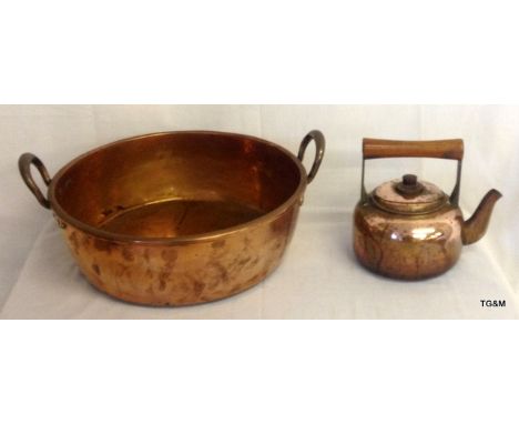 A copper preserving pan and a copper kettle
