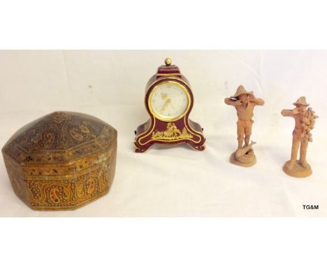 A mixed lot including clock, 2 pottery figures and an Indian box