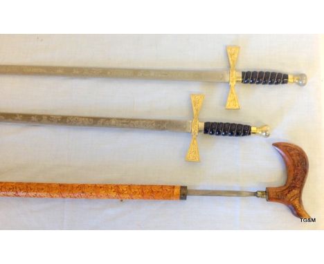 2 Masonic swords and ornate carved sword stick