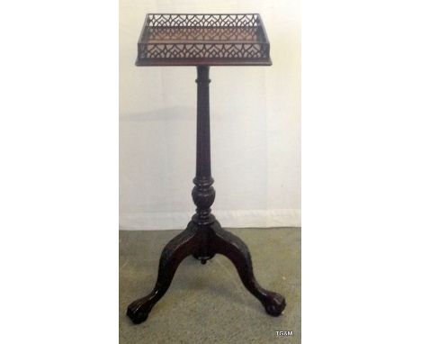 A Mahogany lamp table with pierced friezed top on a ball and claw tripod support h 70 x w 28