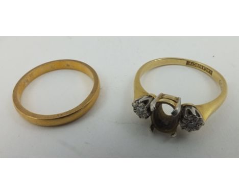 A 22CT GOLD PLAIN WEDDING BAND, size L 1/2, and an 18ct gold DRESS RING, part stone set (2) 