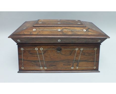 A 19TH CENTURY ROSEWOOD SARCOPHAGUS SHAPED TEA CADDY, with mother of pearl inlay, 35cm wide 