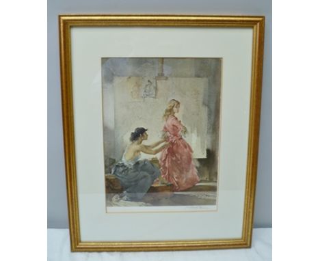 AFTER SIR WILLIAM RUSSELL FLINT "Dressing the Model" a colour Print, signed in pencil, 37cm x 28cm, mounted in gilt glazed fr
