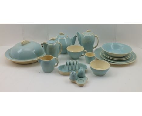 A SUSIE COOPER "BLUE CRESCENT" PATTERNED KESTREL BACHELOR BREAKFAST SET, comprising teapot, toast rack, egg cup, condiments, 