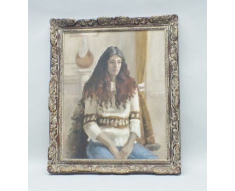 PROBERT "Portrait of a Young Woman wearing a Norwegian Sweater" Oil painting on canvas, signed and dated (19)79, 63cm x 49cm 