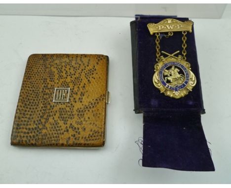 AN ART DECO SILVER GILT AND SNAKE SKIN WALLET/COMPACT CASE, bears "DF" monogram, 9.5cm x 8.5cm, together with a 10K AND ENAME