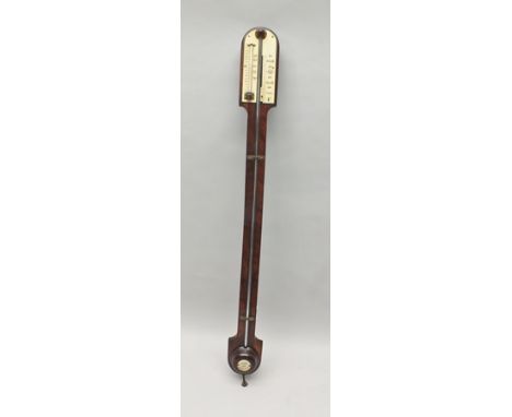 A 19TH CENTURY MODEL STICK BAROMETER AND THERMOMETER, 94cm high 