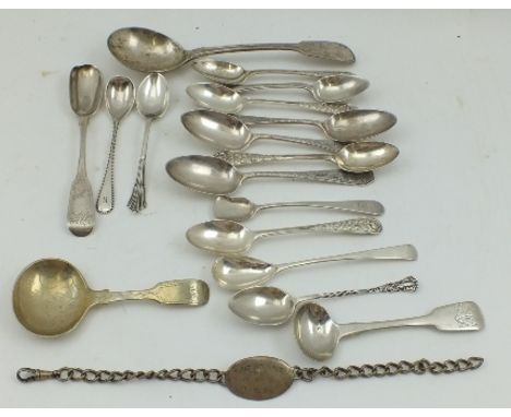 A QUANTITY OF MISCELLANEOS SILVER WARES, includes three Glasgow teaspoons, various condiment spoons, a silver identity bracel
