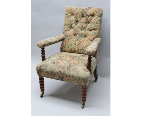 A 19TH CENTURY LIBRARY OPEN ARM CHAIR, bobbin turned arm supports and graduated turned fore supports, with brass 'Cope's pate