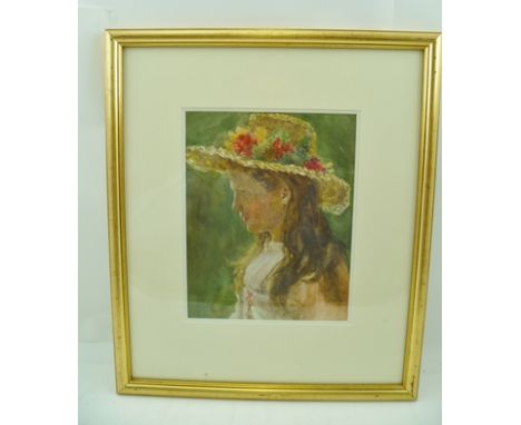 20TH CENTURY BRITISH SCHOOL 'Summer Portrait - Girl in a Straw Hat', Watercolour painting, 24cm x 19cm, mounted in gilt and g