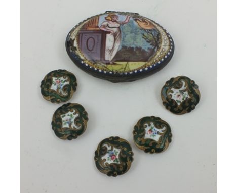 A 19TH CENTURY PATCH BOX, having oval enamel cover with scene of a lady in a park land setting, hinged to reveal mirror inset