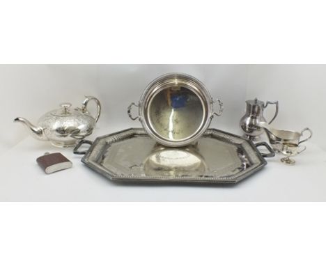 A COLLECTION OF SILVER PLATED WARES, includes a two-handled tea tray with canted corners, a squat teapot etc. 