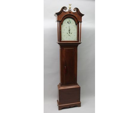 W. NICHOLAS, BIRMINGHAM A 19TH CENTURY MAHOGANY LONGCASE CLOCK, the hood with swan pediment, brass ball and eagle finial, col