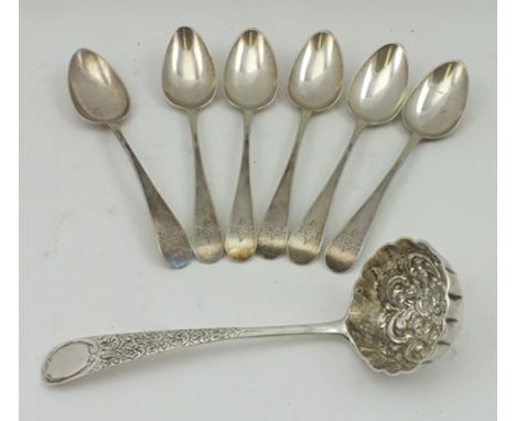 A SET OF SIX GEORGE III SILVER TEASPOONS, London 1814, engraved terminals "A T.M J", together with a Georgian silver SIFTING 