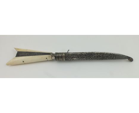 A GREEK KNIFE, with V form handle having polished bone grips, embossed white metal scabbard, the blade engraved 'Xavia Kenm',