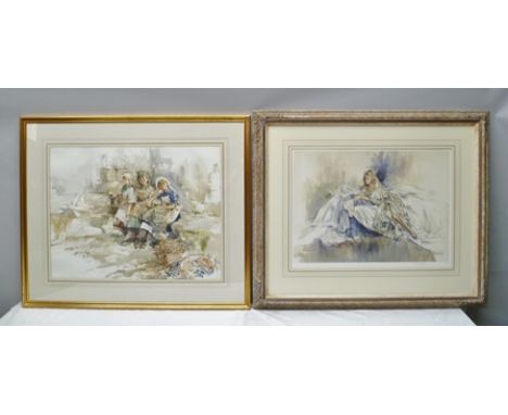 GORDON KING "Fisherwomen" a Watercolour, signed, in gilt frame, together with a LIMITED EDITION COLOUR PRINT AFTER GORDON KIN