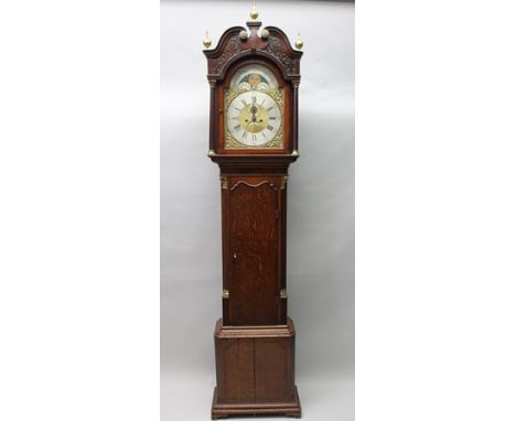 THOMAS TWIGG, SHELTON A GEORGE III OAK AND MAHOGANY LONGCASE CLOCK, the hood with swan neck pediment, blind fret decoration a