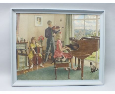 HUBERT WILLIAMS A third quarter 20th century portrait study of a trio of child musicians, rehearsing in the parlour of a larg