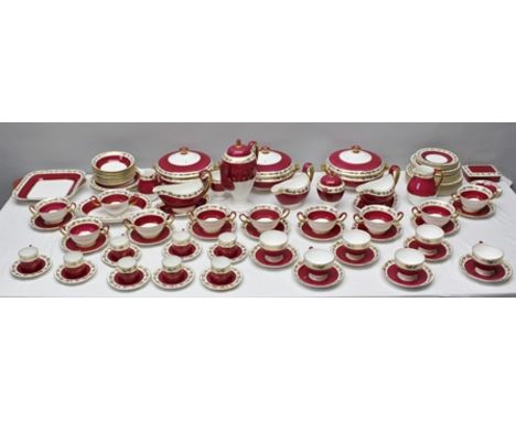 A WEDGWOOD BONE CHINA COFFEE AND DINNER SERVICE "Whitehall" pattern comprising; coffee pot, 8 cereal bowls, 3 lidded tureens,