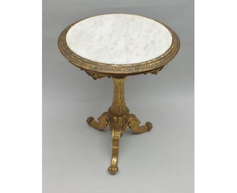 A 19TH CENTURY GILTWOOD SNAP-TOP PEDESTAL TABLE, having egg and dart moulding to the circular top, containing a white marble 