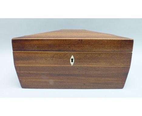 A 19TH CENTURY MAHOGANY SARCOPHAGUS SHAPED TEA CADDY, with well fitted interior, no bowl, 31cm wide 