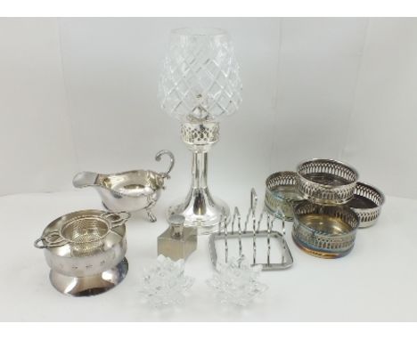 A "MASON" SILVER PLATED CONSTANT FLAME LAMP with cut glass shade, BOTTLE COASTERS, GRAVY BOAT etc. and TWO ORIGINAL BOXED "SW