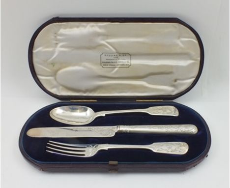 FRANCIS HIGGINS A SILVER CHRISTENING SET, comprising spoon, fork and knife, having engraved decoration, various dates, London