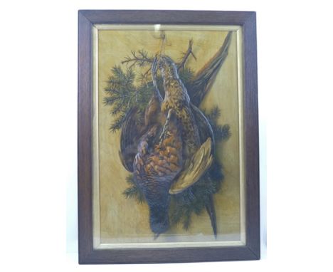 A LATE 19TH CENTURY FRENCH EMBOSSED PRINT of hanging game, 55cm x 36cm, in oak glazed frame with gilt slip 