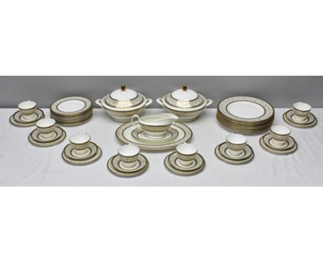 A MINTON "ARAGON" PATTERN BONE CHINA DINNER AND COFFEE SERVICE comprising; a pair of lidded tureens, gravy boat with stand, o