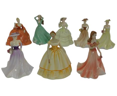 Eight Coalport porcelain figures, modelled as Loretta, 13cm high, Catriona, Debutant Summer Bouquet, Jo, Natalie, Kerry, Mery