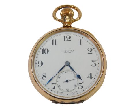 A George VI 9ct gold pocket watch, open face, keyless wind, with circular white enamel dial bearing Arabic numerals, subsidia