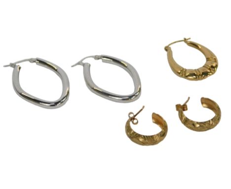 Two pairs of hoop earrings, comprising a pair of shaped oval hoops, white metal, marked 375, and a pair of small hoops, with 