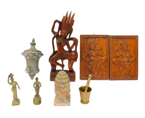 A group of Eastern wares, to include a carved marble four sided figural statue, 24cm high, a Balinese wooden figure, 53cm hig