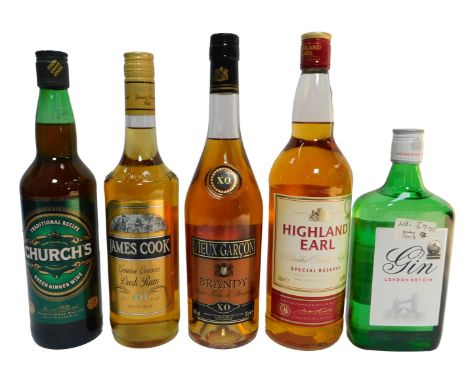 A group of alcohol, to include Highland Earl Blended Scotch whisky, James Cooke dark rum, Churches green ginger wine, brandy 