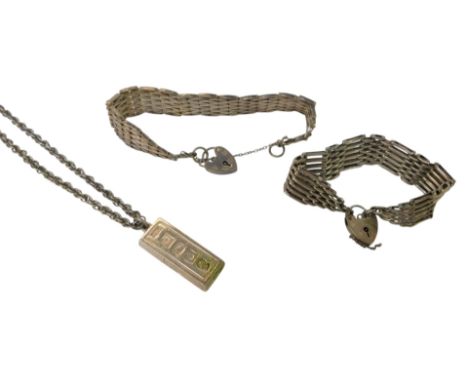 Two silver gate bracelets, each with a heart-shaped padlock clasp, together with a 10oz silver ingot on a metal chain, weigha