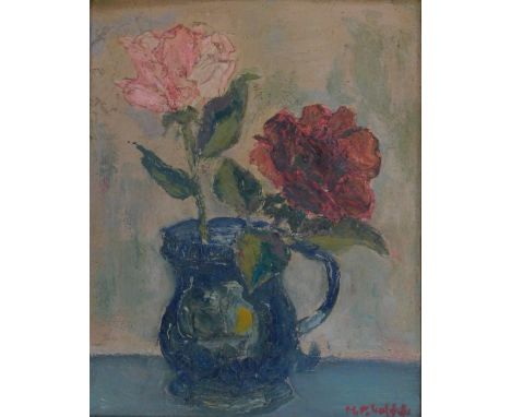 20thC School. Still life depicting two flowers in a vase, oil on canvas, indistinctly signed, 24cm x 19cm.