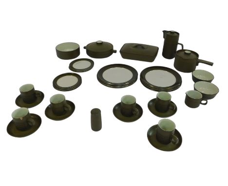 A group of Denby green glaze dinner wares, to include dinner plates, coffee cups and saucers, rectangular dish and cover, bow