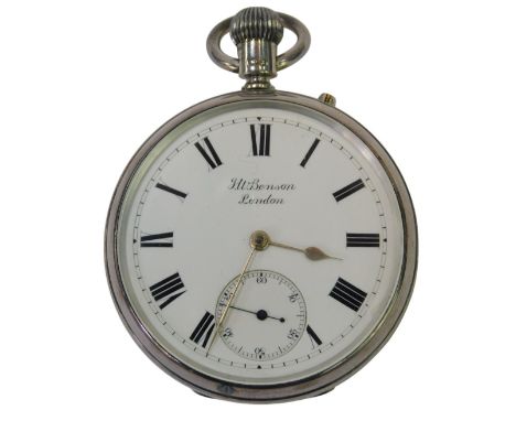 A Victorian silver cased pocket watch, open-faced, keyless wind, the circular white enamel dial bearing Roman numerals and su