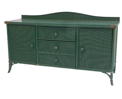 A Lloyd Loom green painted side board, with a raised back, and a bow fronted centre, above an arrangement of three drawers an