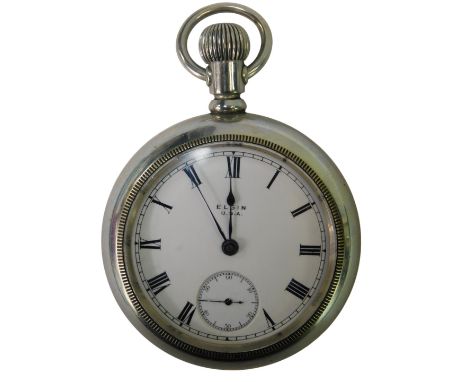 An Elgin USA steel cased pocket watch, the circular white enamel dial bearing Roman numerals, subsidiary seconds dial, moveme