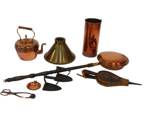 A group of metal ware, including a Victorian copper kettle, 30cm high, a copper warming pan, bellows, cast iron flat irons, e