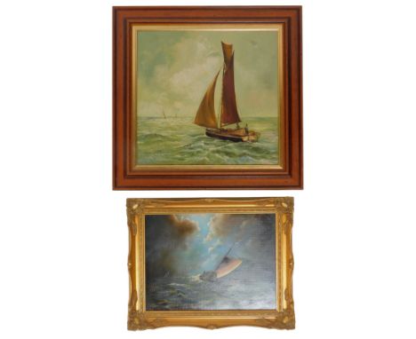 A Sayer (20thC School). Fishing boat on choppy waters, oil on board, signed and dated 1938, 41cm x 42.5cm, together with furt