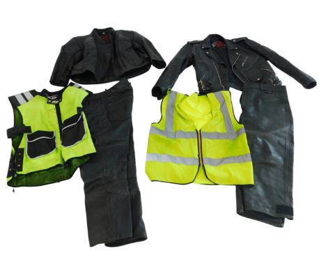 Motorbike leathers, to include a Just Bikers leather jacket, size 42, and another, two pairs of black leather trousers, etc. 