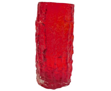 A Whitefriars red glass bark effect vase, of circular form, 23cm high. 