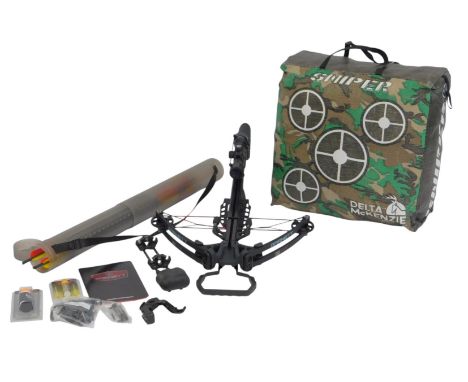 A Barnett TS370 crossbow, with a 4X32 scope, in a canvas case, together with a quiver containing arrows, a Sniper Delta McKen