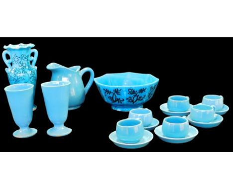 A group of Continental turquoise glaze pottery, including coffee cups and saucers, twin-handle jug, etc. (AF)