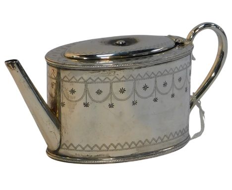 A Victorian silver bachelor's teapot, with bright cut decoration, Birmingham 1877, 7.21oz all in.
