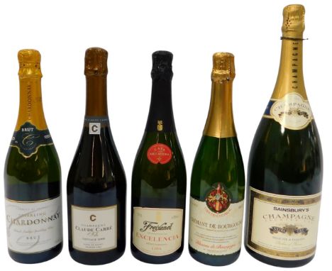 Five bottles of sparkling wine, to include Sainsbury's champagne, sparkling chardonnay, cava, etc. (a quantity)
